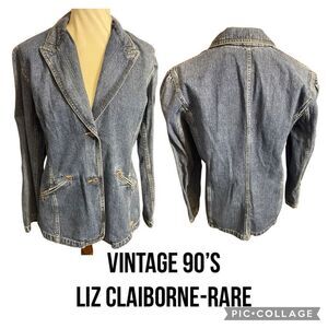 Vintage Liz Claiborne Lizwear Denim Blazer - 90s RARE Classic Jacket Size Large
